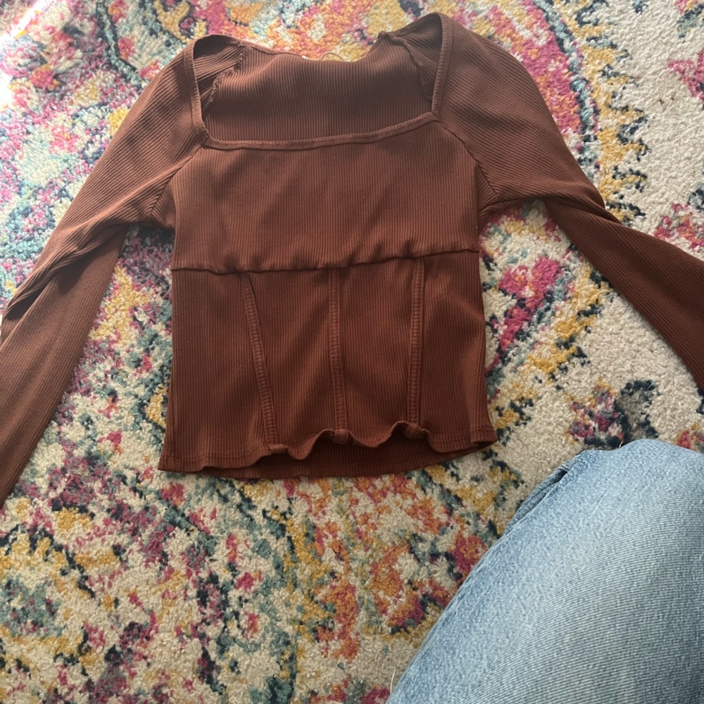 Brown Ribbed Long Sleeve Top